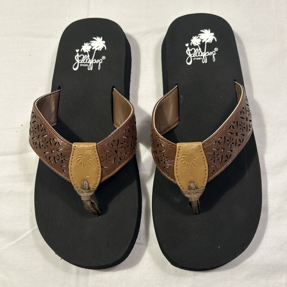 Jellypop Magnolia Sandals Womens Size 9 Brown Like New Flip Flop Laser Cut Faux
